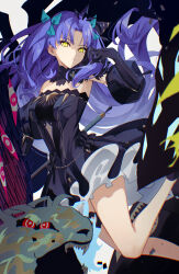  absurdres bare_shoulders black_dress black_gloves blue_hair bow breasts detached_collar dress elbow_gloves ereshkigal_(fate) fate/grand_order fate_(series) female gloves glowing glowing_eyes hair_ornament hairbow highres izanaware_game long_hair looking_at_viewer medium_breasts monster parted_bangs solo_focus space_ereshkigal_(fate) space_ereshkigal_(second_ascension)_(fate) thighs two_side_up yellow_eyes 