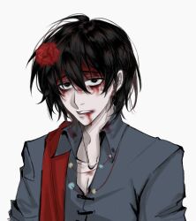  1boy black_eyes black_hair blood blood_from_mouth blood_on_chest blood_on_face chinese_commentary collared_shirt commentary_request flower freckles fu_shun_(touqi_guaitan) grey_shirt hair_between_eyes hair_flower hair_ornament highres male_focus open_collar red_flower red_pupils sanpaku shabiedanganmeima shirt short_hair simple_background solo touqi_guaitan upper_body variant_set white_background 