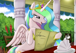  alicorn equid equine female friendship_is_magic furniture hasbro horn mammal menu my_little_pony mythological_creature mythological_equine mythology neoshrek plant princess_celestia_(mlp) solo table tree white_body wings 