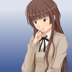  amagami biting biting_own_finger brown_hair commentary_request female gebo kamizaki_risa kibito_high_school_uniform long_hair school_uniform solo sweater 