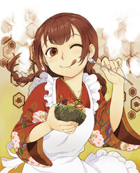  ;q apron bad_id bad_pixiv_id bowl braid brown_eyes brown_hair cherry female food freckles fruit hexagon ice_cream japanese_clothes kimono long_hair ma_(numanuma) one_eye_closed original red_kimono solo spoon tongue tongue_out twin_braids 