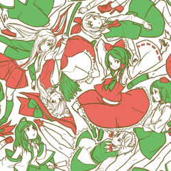  6+girls ahoge animal_ears apron armpits arms_up ascot bow braid closed_mouth collared_shirt colored_skin commentary_request crossed_ankles crossed_arms detached_sleeves frills geta green_bow green_footwear green_hair green_jacket green_legwear green_ribbons green_skirt green_vest hair_tubes hairband hairbow hakurei_reimu half_updo hand_fan hat holding izayoi_sakuya jacket japanese_clothes kirisame_marisa kneehighs kochiya_sanae konpaku_youmu long_hair long_sleeves looking_at_another looking_at_viewer looking_to_the_side lowres maid_headdress miko miniskirt multiple_girls necktie rabbit_ears red_bow red_footwear red_hat red_necktie red_ribbon red_skirt red_vest reisen_udongein_inaba ribbon ribbon-trimmed_sleeves ribbon_trim shameimaru_aya shirt shoes short_hair skirt skirt_set smile socks swept_bangs tengu-geta tileable tokin_hat touhou twin_braids uewtsol upside-down vest waist_apron white_apron white_background white_hair white_legwear white_shirt white_skin witch_hat 