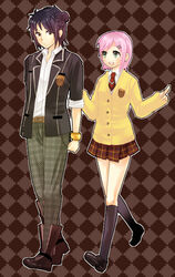  1boy alternate_costume argyle_background bad_id bad_pixiv_id black_eyes black_hair bracelet brown_background cardigan estellise_sidos_heurassein estellise_sidos_heurassein_(campus_royalty) female green_eyes jewelry minoharu necktie official_alternate_costume pink_hair school_uniform tales_of_(series) tales_of_vesperia yuri_lowell yuri_lowell_(reliable_senior) 