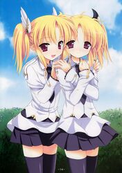  2girls absurdres ahoge black_thighhighs blonde_hair cloud crossed_arms day highres magus_tale multiple_girls nina_geminis open_mouth outdoors paint.net_(medium) purple_eyes r-type_nirvana rena_geminis school_uniform short_hair siblings sisters skirt sky smile souryuu_(double_dragon) thighhighs twins zettai_ryouiki 