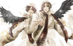  2boys ahoge axis_powers_hetalia black_wings brown_hair commentary_request cross isu_(artist) jewelry multiple_boys necklace northern_italy_(hetalia) siblings southern_italy_(hetalia) wings 