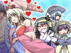  1boy 4girls ^_^ angry arm_hug between_breasts blonde_hair blue_hair blush_stickers breasts chibi clenched_hand closed_eyes faceless faceless_male gloves grey_hair hairband happy hat heart japanese_clothes kashi large_breasts long_hair multiple_girls off_shoulder pointing purple_hair sengoku_hime shimazu_iehisa_(sengoku_hime) shimazu_toshihisa_(sengoku_hime) shimazu_yoshihiro_(sengoku_hime) shimazu_yoshihisa_(sengoku_hime) short_hair straight thighhighs zettai_ryouiki 