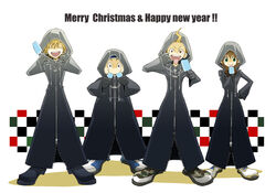  3boys ahoge black_coat_(kingdom_hearts) blonde_hair brown_eyes brown_hair closed_eyes coat commentary_request dual_wielding eating english_text female food gloves green_eyes hand_on_own_hip hayner holding ice_cream kingdom_hearts licking multiple_boys olette open_mouth organization_xiii pence pochi-row roxas smile tongue uniform 