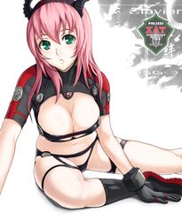  amanda_werner arm_support bad_id bad_pixiv_id blassreiter boots breasts cleavage cleavage_cutout clothing_cutout curvy female gloves green_eyes hairband horns large_breasts leaning lipstick makeup midriff navel no_bra open_mouth pink_hair sitting solo tenka_sanbun thigh_strap turtleneck 