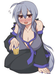  ahoge alcohol bare_shoulders belt black_pants blue_nails blush bow breasts cleavage commentary_request cup detached_sleeves drunk female glass grey_shirt hairbow headphones headphones_removed headset_removed holding holding_cup huge_breasts long_hair nail_polish necktie niwakaame_(amayadori) pants purple_necktie red_eyes shirt solo striped_bow very_long_hair vocaloid yowane_haku 