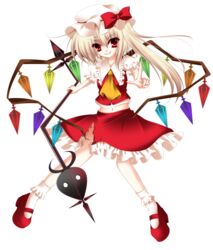  absurdres bad_id bad_pixiv_id blonde_hair female flandre_scarlet full_body hat highres laevatein_(touhou) long_hair midriff navel rokudou_itsuki side_ponytail smile solo torn_clothes touhou transparent_background wings 