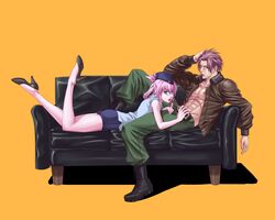  1boy abs akagi_gishou amanda_werner ass between_legs blassreiter boots brown_hair cigar commentary_request couch female garrison_cap green_eyes hat hermann_salza high_heels jacket legs lying miniskirt on_stomach open_mouth phallic_symbol pink_hair sexually_suggestive shoes skirt sleeves_rolled_up tongue uniform updo 