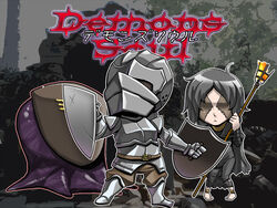  1boy armor artist_request demon&#039;s_souls dual_wielding female holding knight maiden_in_black photoshop_(medium) shield slayer_of_demons 