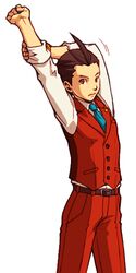  1boy apollo_justice apollo_justice:_ace_attorney arms_up belt blue_necktie bracelet brown_eyes brown_hair cowboy_shot gyakuten_saiban jewelry kobashi lowres male_focus necktie pants red_pants red_theme sleeves_rolled_up solo stretching vest 