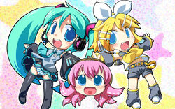  2girls :3 aqua_hair black_thighhighs blonde_hair blue_eyes detached_sleeves hair_ornament hair_ribbon hairband hairclip hatsune_miku headphones headset heart highres kagamine_rin long_hair megurine_luka multiple_girls navel necktie octopus oerba_yun_fang panties pink_hair ribbon sakurabe_notos shorts skirt striped_clothes striped_panties takoluka thighhighs twintails underwear very_long_hair vocaloid 