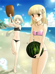  2girls bad_id bad_pixiv_id barefoot beach bikini blonde_hair breasts brown_eyes checkered circlet closed_eyes day feet flat_chest food fruit highres holding holding_food holding_fruit holding_watermelon long_hair mallet mist_(rune_factory) multiple_girls musical_note okitsune_(okitsune-sama) outdoors rosetta rune_factory rune_factory_frontier runey short_hair smile sun swimsuit watermelon 