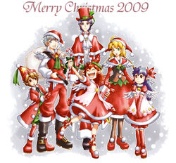  2009 3boys 3girls allegretto bad_id bad_pixiv_id beat_(trusty_bell) blonde_hair blue_hair boots brown_hair christmas closed_eyes frederic_chopin_(trusty_bell) gift grey_hair hat hige_(yosemite) long_hair march_(trusty_bell) multiple_boys multiple_girls pantyhose polka_(trusty_bell) red_hair sack salsa_(trusty_bell) santa_costume santa_hat short_hair top_hat trusty_bell twintails wings 