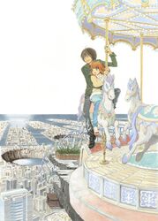  1boy absurdres brown_hair carousel city couple female higashi_no_eden highres horse hug long_hair morimi_saki multiple_riders ocean photoshop_(medium) scenery straight takizawa_akira traditional_media umino_chika 