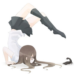  black_socks brown_eyes brown_hair check_commentary chest_stand commentary commentary_request female glasses highres imitating long_hair original photoshop_(medium) scorpion scorpion_pose socks solo tansuke top-down_bottom-up upside-down 