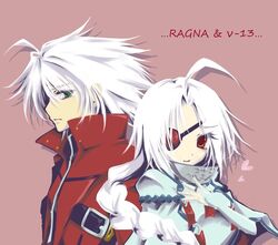  1boy ahoge blazblue braid character_name eyepatch female heart mono_(sa) nu-13 ragna_the_bloodedge white_hair 