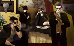  3boys axis_powers_hetalia bad_id bad_pixiv_id belgium_(hetalia) blonde_hair breasts brown_hair cigarette cleavage cuba_(hetalia) desk dress earrings female flag green_eyes gun hair_ribbon hat jewelry map medium_breasts multiple_boys necklace netherlands_(hetalia) plant ribbon southern_italy_(hetalia) sunglasses trsolo weapon 