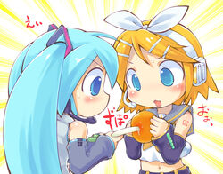  2girls aqua_hair bad_id bad_pixiv_id bare_shoulders blonde_hair blue_eyes blush detached_sleeves food fruit hair_ornament hair_ribbon hairclip hatsune_miku headset holding holding_food holding_fruit kagamine_rin long_hair midriff multiple_girls navel orange_(fruit) ribbon sakurabe_notos sexually_suggestive short_hair spring_onion twintails vocaloid 