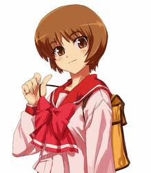  bad_id bad_pixiv_id bag blush brown_eyes brown_hair female nagaoka_shiho school_uniform shibasaki_shouji short_hair simple_background smile solo to_heart to_heart_(series) 