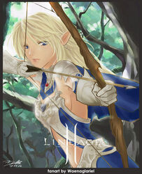  aiming archery arrow_(projectile) blonde_hair blue_eyes bow_(weapon) breasts commentary dated drawing_bow dutch_angle elf elf_(lineage_2) english_commentary female gloves highres holding holding_arrow holding_bow_(weapon) holding_weapon lineage lineage_2 long_hair medium_breasts outstretched_arm player_character_(lineage_2) pointy_ears sideboob signature solo waenaglariel weapon 