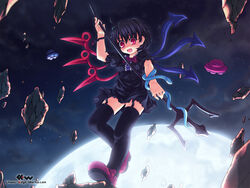  asymmetrical_wings black_hair etogami_kazuya female garter_straps highres houjuu_nue legs moon oerba_yun_fang open_mouth polearm red_eyes rock short_hair smile snake solo thighhighs touhou trident ufo weapon wings 