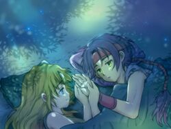  1boy blonde_hair commentary_request female hawkeye_(seiken_densetsu_3) holding_hands lying milan1000 night riesz seiken_densetsu seiken_densetsu_3 