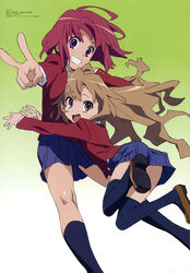  2girls absurdres aisaka_taiga brown_eyes brown_hair highres kobayashi_emiko kushieda_minori long_hair multiple_girls purple_eyes red_hair school_uniform short_hair skirt smile thighhighs toradora! v 