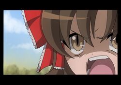  angry bow brown_eyes brown_hair commentary_request female hairbow hakurei_reimu higurashi_no_naku_koro_ni mokoko_(huwaritobuhane) nakahara_mai open_mouth parody red_bow ribbon slit_pupils solo touhou uso_da voice_actor_connection 