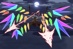  alternate_wings bad_id bad_pixiv_id blonde_hair cloud dual_wielding female flandre_scarlet flying full_moon glowing glowing_eye glowing_wings hair_over_one_eye hat holding large_wings moon multiple_wings night photoshop_(medium) polearm seraph sinner sky solo spear spear_the_gungnir touhou weapon wings 