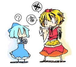  2girls ? bishamonten&#039;s_pagoda black_hair blonde_hair blue_hair bow chibi chibi_only cirno commentary_request hairbow multicolored_hair multiple_girls no_nose oekaki open_mouth short_hair spoken_question_mark toramaru_shou touhou tsukino |_| 