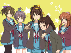  5girls alternate_hairstyle asahina_mikuru blue_sailor_collar blue_skirt brown_cardigan brown_eyes brown_hair cardigan commentary_request genderswap_(mtf) hair_bobbles hair_ornament hair_ribbon high_ponytail kita_high_school_uniform koizumi_itsuki_(female) kyonko long_hair long_sleeves multiple_girls nagato_yuki official_alternate_hairstyle open_cardigan open_clothes pantyhose ponytail purple_hair r_(sena007) ribbon rule_63 sailor_collar school_uniform serafuku short_hair skirt suzumiya_haruhi suzumiya_haruhi_no_yuuutsu topknot winter_uniform 