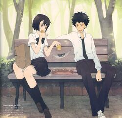  1boy bag bench black_eyes black_hair bow bowtie cenco cencoroll etomai eye_focus feeding female food highres necktie non-web_source open_mouth school_uniform shoes short_hair sitting socks sweatdrop tetsu_(cencoroll) yuki_(cencoroll) 