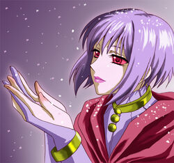  bad_id bad_pixiv_id bangle bracelet cheza collar female hands jewelry kumehara_chiyota lips lipstick makeup photoshop_(medium) purple_hair red_eyes short_hair snow solo wolf&#039;s_rain 