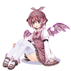  :o animal_ears dress female full_body hat legs mary_janes mystia_lorelei photoshop_(medium) pink_eyes pink_hair purple_eyes shoes short_hair simple_background sitting solo thighhighs tomusooya touhou white_thighhighs winged_footwear wings zettai_ryouiki 