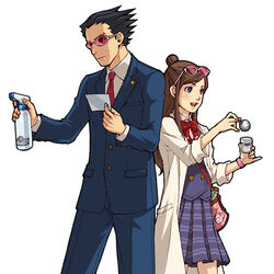  1boy badge bag black_hair blue_eyes bottle brown_hair ema_skye eyewear_on_head female formal gyakuten_saiban half_updo handbag kobashi lab_coat lowres naruhodou_ryuuichi necktie phoenix_wright:_ace_attorney ribbon school_uniform science skirt sleeves_rolled_up spray_bottle suit sunglasses test_tube 