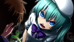  1boy aisora angry commentary_request cosplay female hat hatsune_miku higurashi_no_naku_koro_ni long_hair parody ryuuguu_rena ryuuguu_rena_(cosplay) spring_onion uso_da vocaloid yandere 