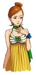  alita_tiala apollo_justice:_ace_attorney blue_eyes brown_hair clover dress earrings female four-leaf_clover gyakuten_saiban hair_bun jewelry kobashi lowres ribbon ring scarf single_hair_bun solo 