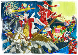  3girls 4boys affinity_(bayonetta) bayonetta bayonetta_(series) bayonetta_1 bicycle boots cereza christmas enzo father_balder gift glasses gun jeanne_(bayonetta) luka_redgrave mole mole_under_mouth multiple_boys multiple_girls official_art photoshop_(medium) rodin santa_costume shimazaki_mari thigh_boots thighhighs weapon 