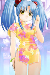  blue_hair bracelet china_dress chinese_clothes commentary_request dress ebi_tendon female floral_print hair_bobbles hair_ornament highres hoshino_ruri jewelry kidou_senkan_nadesico photoshop_(medium) solo twintails yellow_eyes 