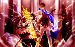  1boy at_knifepoint battle blood commentary duel end_of_the_golden_witch english_commentary female furudo_erika highres kl_(dgzonbi) long_hair mexican_standoff open_mouth pantyhose photoshop_(medium) scythe short_hair smile sword umineko_no_naku_koro_ni ushiromiya_battler weapon 