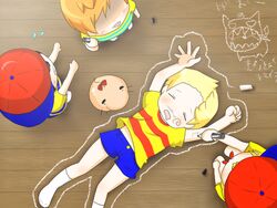  4boys blonde_hair chalk chalk_outline claus_(mother_3) commentary_request doseisan drawing_on_another&#039;s_face hat lucas_(mother_3) male_focus marker mother_(game) mother_1 mother_2 mother_3 multiple_boys ness_(mother_2) ninten orange_hair pikanchu shirt sleeping socks striped_clothes striped_shirt ultimate_chimera 