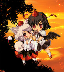  2girls animal_ears bad_id bad_pixiv_id black_hair black_wings camera chibi detached_sleeves duplicate geta grey_hair hat inubashiri_momiji multiple_girls nanakichi photoshop_(medium) red_eyes shameimaru_aya short_hair tail tengu-geta tokin_hat touhou wings wolf_ears wolf_tail 