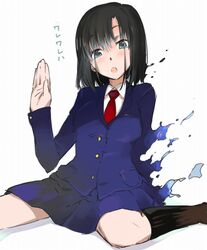  black_hair blue_eyes commentary_request dissolving female itachi_(3dt) kneehighs medium_hair saki_(manga) school_uniform simple_background sitting skirt socks solo touyoko_momoko tsuruga_school_uniform 