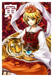  bad_id bad_pixiv_id bishamonten&#039;s_pagoda blonde_hair female hair_ornament shawl short_hair sigina solo tiger toramaru_shou touhou yellow_eyes 