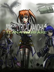  3girls blue_eyes blue_hair call_of_duty call_of_duty_4 cross_mirage headband long_hair lyrical_nanoha magical_girl mahou_shoujo_lyrical_nanoha_strikers midriff multiple_girls navel open_mouth parody raising_heart short_hair subaru_nakajima takamachi_nanoha teana_lanster twintails 