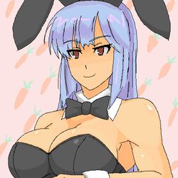  69_(tranquilo) animal_ears bad_id bad_pixiv_id blue_hair bow bowtie breasts brown_eyes carrot cleavage fake_animal_ears female gundam gundam_zz large_breasts lowres oekaki playboy_bunny rabbit_ears roux_louka 