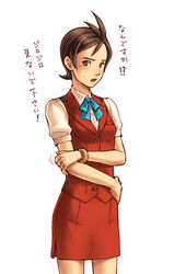  apollo_justice apollo_justice:_ace_attorney blush bracelet brown_hair female genderswap_(mtf) gyakuten_saiban jewelry kobashi pencil_skirt ribbon rule_63 short_hair short_sleeves skirt solo spiked_hair translated 